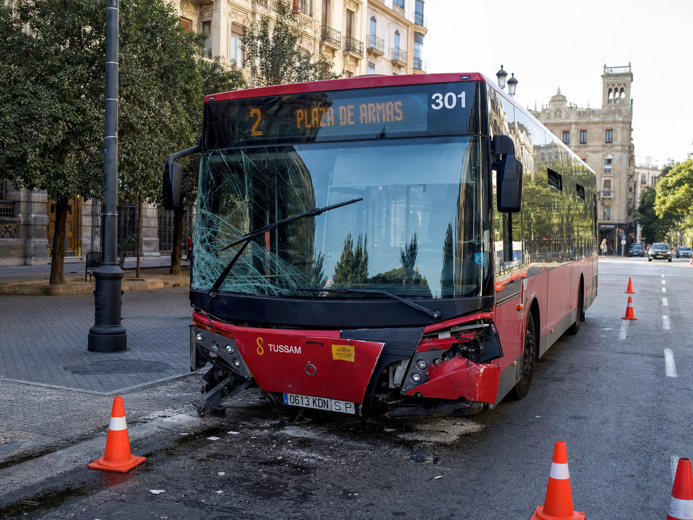 Autobús accidentado en calle de ciudad española