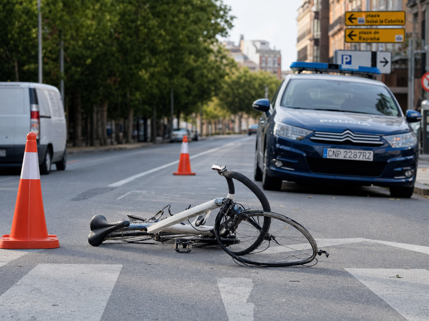 Bicicleta accidentada en calle española con policía